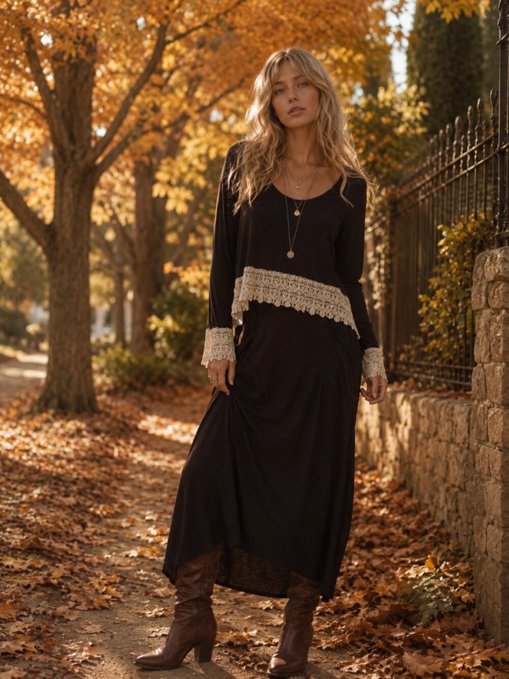 By Together Boho Crochet Lace Trim Maxi Dress Long Sleeve Brown Cream L